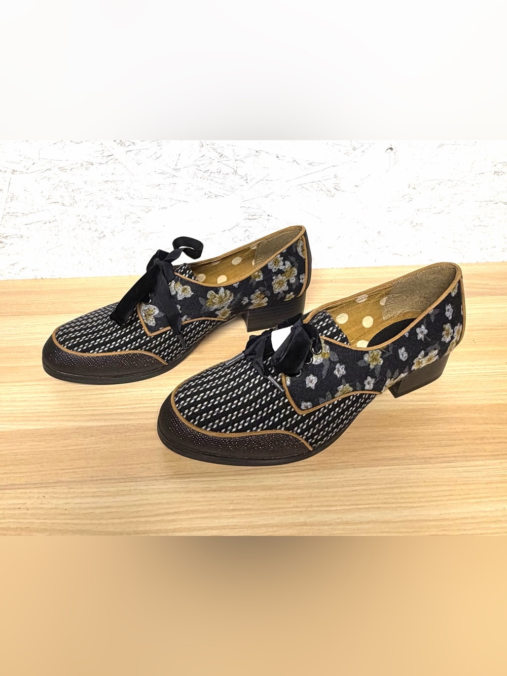 Ruby Shoo Micah Black Tweed Floral Lace Up Brogue